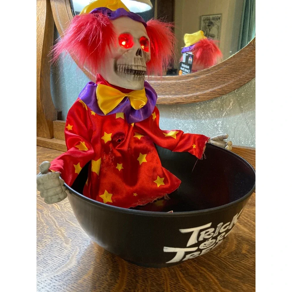 Animated Skeleton Clown Halloween Candy Bowl Light Up Red Eyes Sound Sensor